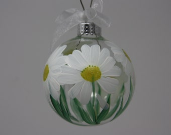 Hand painted Round Glass Christmas Ornament, Shasta Daisy design floral ornament