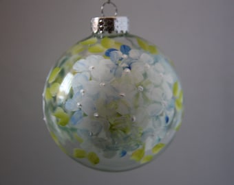 Hand painted Round Glass Christmas Ornament, Blue Hydrangea design floral ornament, round glass ornament