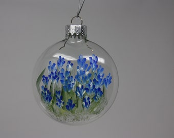 Hand painted glass disc Christmas ornament, Texas bluebonnet floral ornament, garden lover, garden party favor