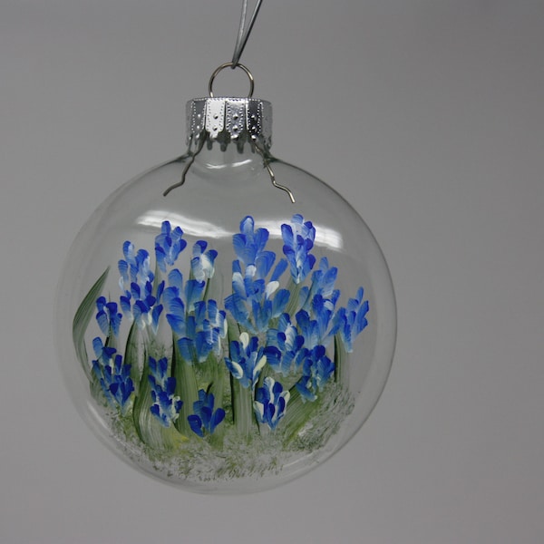 Hand painted glass disc Christmas ornament, Texas bluebonnet floral ornament, garden lover, garden party favor