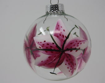 Hand painted Round Glass Christmas Ornament, stargazer lily floral ornament, 80 mm (3") - 100 mm (3.75")