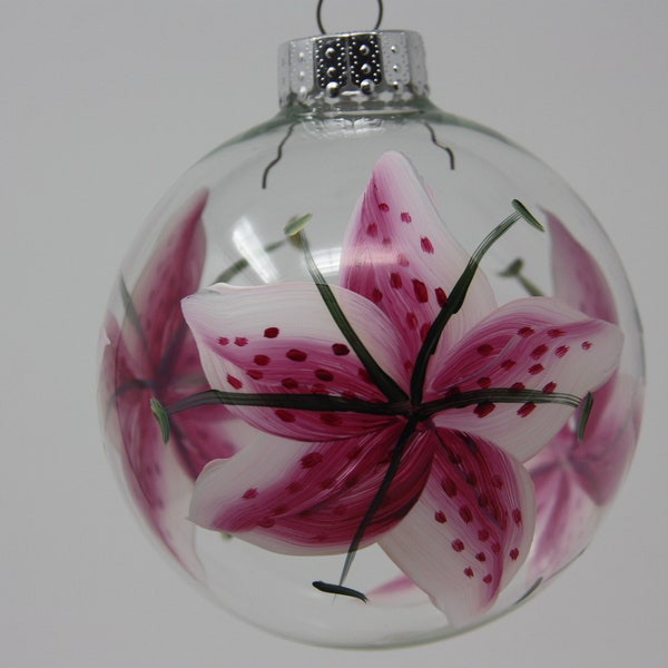 Hand painted Round Glass Christmas Ornament, stargazer lily floral ornament, 80 mm (3") - 100 mm (3.75")