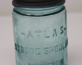 Vintage Atlas Strong Shoulder Blue Canning Mason Jar, decorative jars, Industrial decor