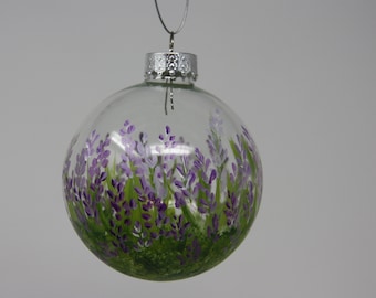 Hand painted Round Glass Christmas Ornament,  80 mm - 100 mm English lavender