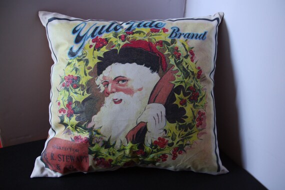 Throw Pillow with Vintage Advertising Graphic vintage fruit crate label, Christmas decor, Santa, Yuletide