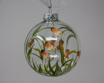 Hand painted Round Glass Christmas Ornament, trumpet flower design floral ornament, round glass ornament