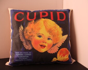 Sunkist advertising Throw Pillow with Vintage Advertising Graphic, vintage fruit crate label, Cupid Brand Sunkist retro label