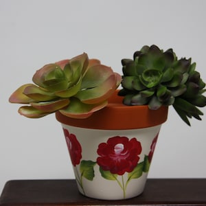 4.5&quot; Hand painted Clay Red Roses Flower Pot, Garden lover gift, yard and garden decor