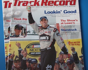 May include: A magazine cover featuring a NASCAR driver holding a green drink bottle. The cover is titled "Track Record" and features the text "Lookin' Good" and "The Show's at Lowe's".