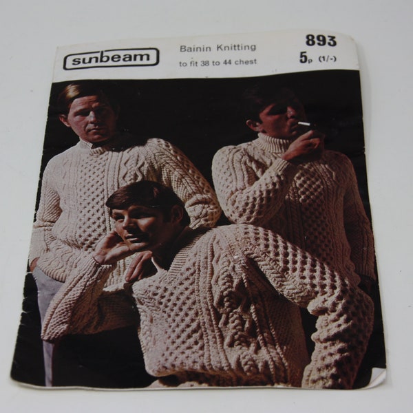 Sunbeam Bainin Knitting Aran Sweater Pattern Sie 38-44 chest Irish sweater