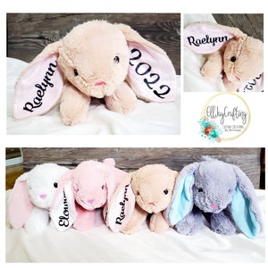 Personalized Easter Plush Bunny, Custom floppy ear Easter bunny, Easter gift basket filler, bunny with name on ear,  First Easter, Rabbit