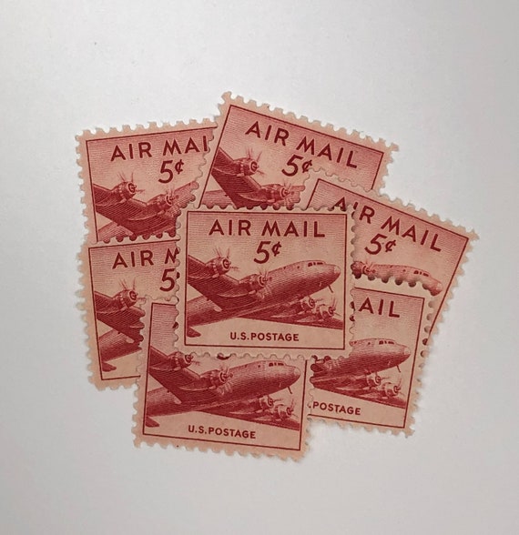 Red Air Mail Stamps Skymaster 10 Unused Vintage Postage Stamps 5 Cents 1949  