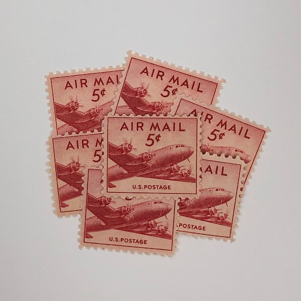 Red Air Mail Stamps | Skymaster | 10 Unused Vintage Postage Stamps | 5 Cents | 1949