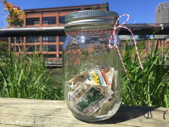 100 USED Postage Stamps in Mason Jar | Vintage Stamps Off Paper | Use for Scrapbooking, Crafting, Collages, Upcycling