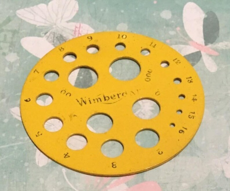 Vintage Wimbedar circular yellow Knitting Pin Needle Gauge image 1