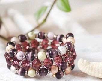 Violet Glass Bead Memory Wire Bracelet, Vintage Summer Jewelry