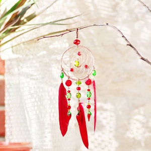 Light catcher in red_dreamcatcher_electroforming_vintage beads_faceted crystals_home decoration_amulet_suncatcher_windows decor_garden decor