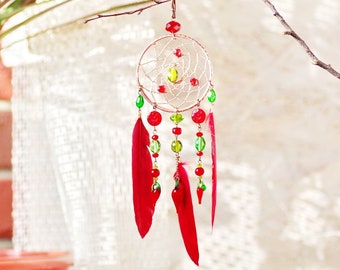 Red Feather Suncatcher: Electroformed Copper, Vintage Beads, Crystal Window Decor
