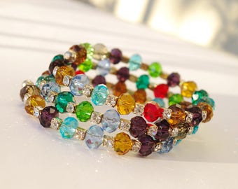 Vintage Rainbow Glass Bead Memory Wire Bracelet