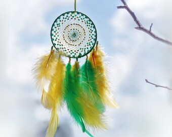 Yellow & Green Beaded Dreamcatcher, Feather Amulet Wall Decor