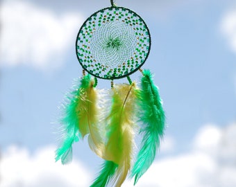Yellow & Green Beaded Dreamcatcher with Feathers, Home Amulet