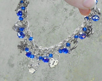Handmade Silver Tone Charm Bracelet, Blue Czech Beads, Lucky Amulet