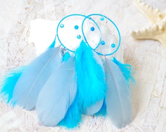 Blue Dreamcatcher Earrings, Feather Dangle Earrings, Shaman Jewelry