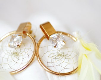 Dreamcatcher Stud Earrings, Yellow Feather, Boho Jewelry