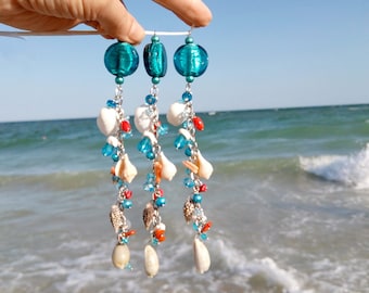 Seashell Suncatcher: Turquoise Lampwork Beads, Coastal Home Decor