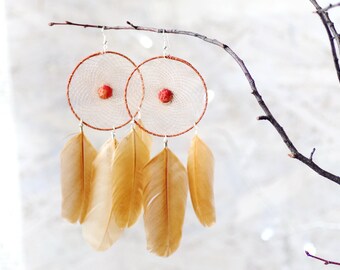 Handmade Dreamcatcher Earrings, Coral Beads, Rooster Feathers