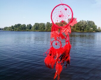 Red Autumn Dreamcatcher, Feather Cascade, Boho Home Amulet