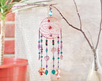 Electroformed Copper Dreamcatcher: Vintage Beads & Crystal Suncatcher