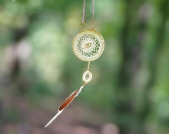 Handmade Gold Dreamcatcher Pendant, Boho Hippie Jewelry
