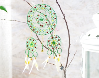 Green Garden Dreamcatcher, Parrot Feathers, Home Amulet