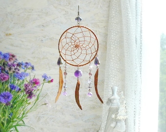 Electroformed Copper Dream Catcher: Violet Amethyst Crystal Suncatcher
