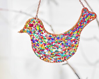 Beaded Bird Suncatcher, Copper Wire Wrapped Rainbow Amulet