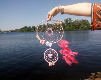 Rose Flamingo Dream Catcher: Bohemian Nursery Wall Hanging