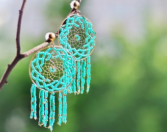 Turquoise Seed Bead Dreamcatcher Earrings, Golden Thread Jewelry