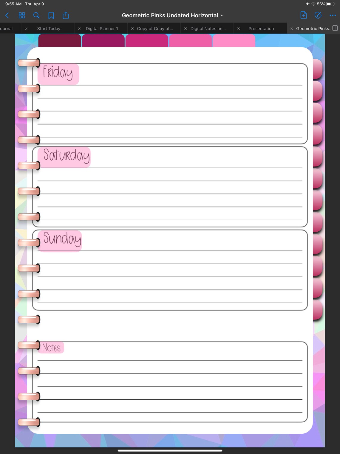 Horizontal Weekly Portrait Layout Undated Digital Planner - Etsy