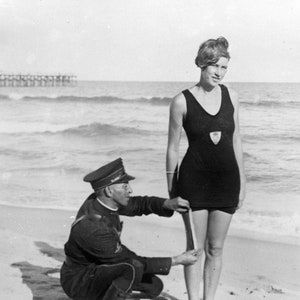 Beach Police Measuring Swimsuit: Funny Vintage Photo Print
