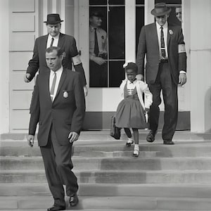 May include: A young girl in a dress and carrying a book bag walks down a set of stairs with two men in suits and hats. The men are wearing armbands that say "U.S. Marshal".
