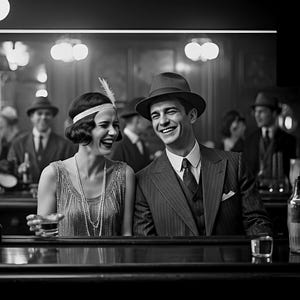 May include: A black and white image of a man and a woman sitting at a bar. The man is wearing a black and white striped suit and a fedora. The woman is wearing a beaded dress and a headband. They are both smiling and looking at each other.