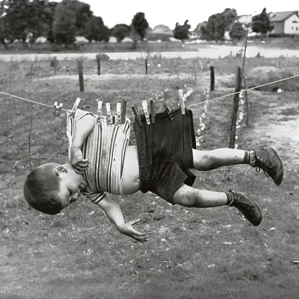 Funny Laundry Room Art: Dirty Kid on Clothesline - Vintage Photograph
