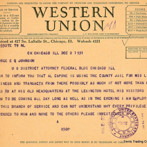 Telegram of Al Capone Bootlegging From Jail - 1931 - Photo Vintage