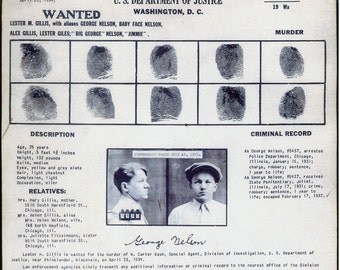 Baby Face Nelson - Criminal Record - Photo - Print - Vintage - Antique - Bank Robber - Chicago - George Nelson - John Dillinger - History