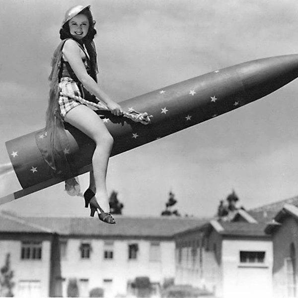 Rocket Woman, Photo, Vintage, Pin up, Fourth of July, Funny Picture, 4th of July Photo, Feminism, She Shed Decor, Man Cave Decor, Feminist