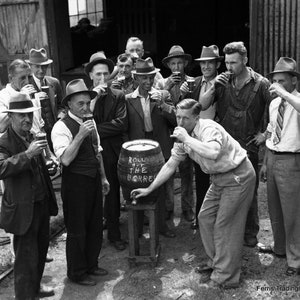 Men drinking from beer barrel bar decor bar poster 1920s Prohibition vintage photo speakeasy wall art home lounge decor man cave print