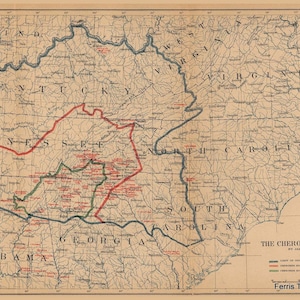 May include: A map of the Cherokee Country in 1800, showing the limits of original Cherokee territory, the Cherokee boundary at the time of the treaty of 1819, the Cherokee boundary at the time of removal, and the location of Cherokee towns. The map is titled "The Cherokee Country" and is credited to "Ferris Trading Company."