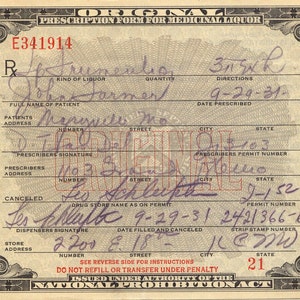 Prescription Form for Medicinal Liquor - Prohibition - 1931 - Photo - Speakeasy - Missouri - Maryville MO - Maryville - Whiskey - Picture
