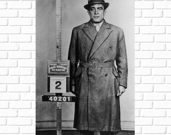 May include: Black and white mugshot of a man wearing a hat and a long coat. He is standing next to a height chart and a sign that reads "Police Department City of New York" and "Saturday 2". The number "40201" is also visible on the sign.